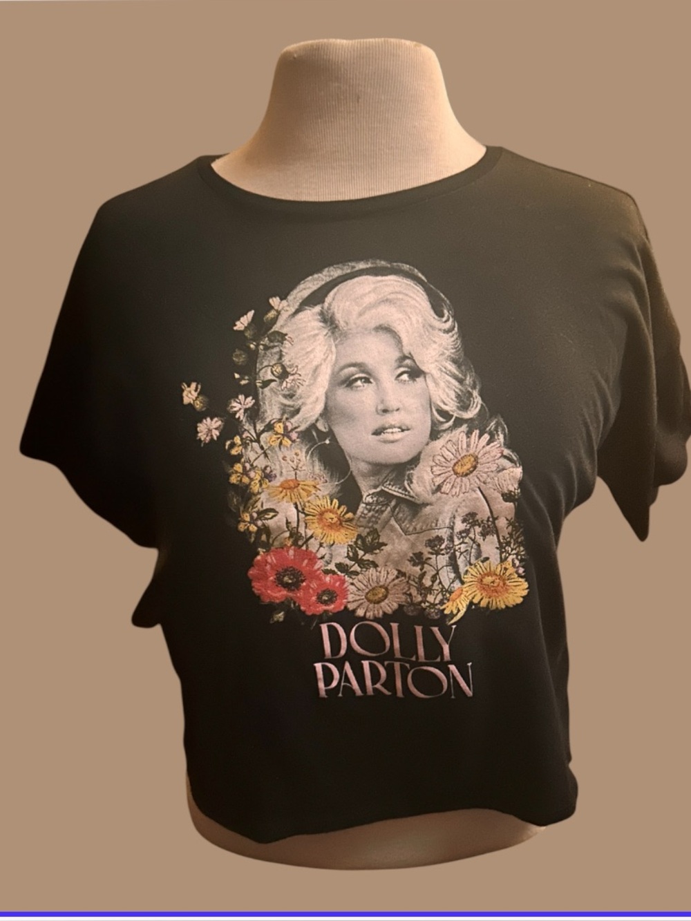 Black Floral Graphic Dolly Parton Crop Tee 2XL VGU - Picture 1 of 4